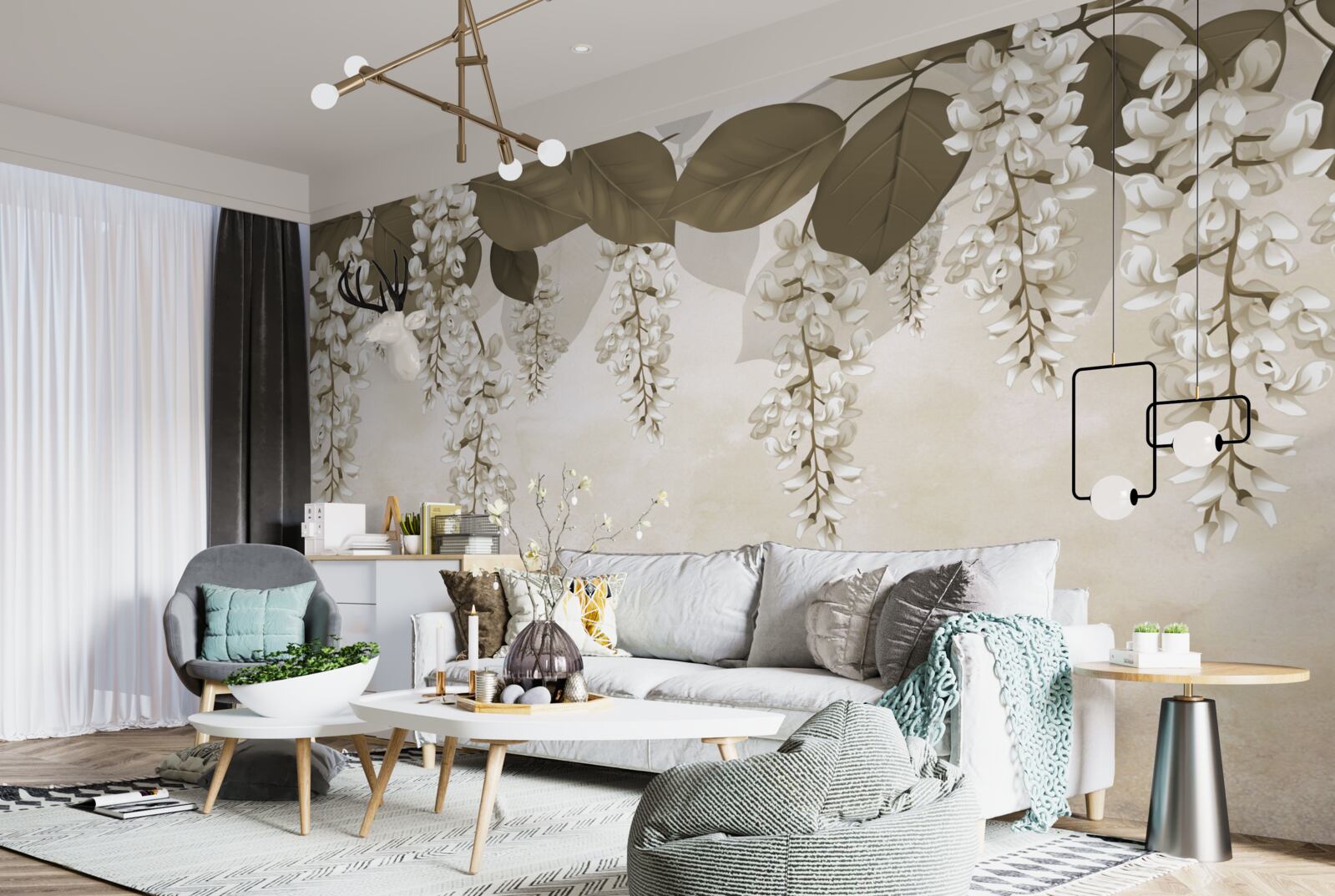 Fotobehang acacia met witte bloemen