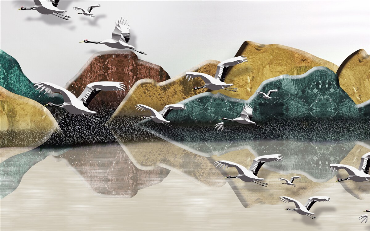 Fotobehang kalm meer in de bergen en vogels