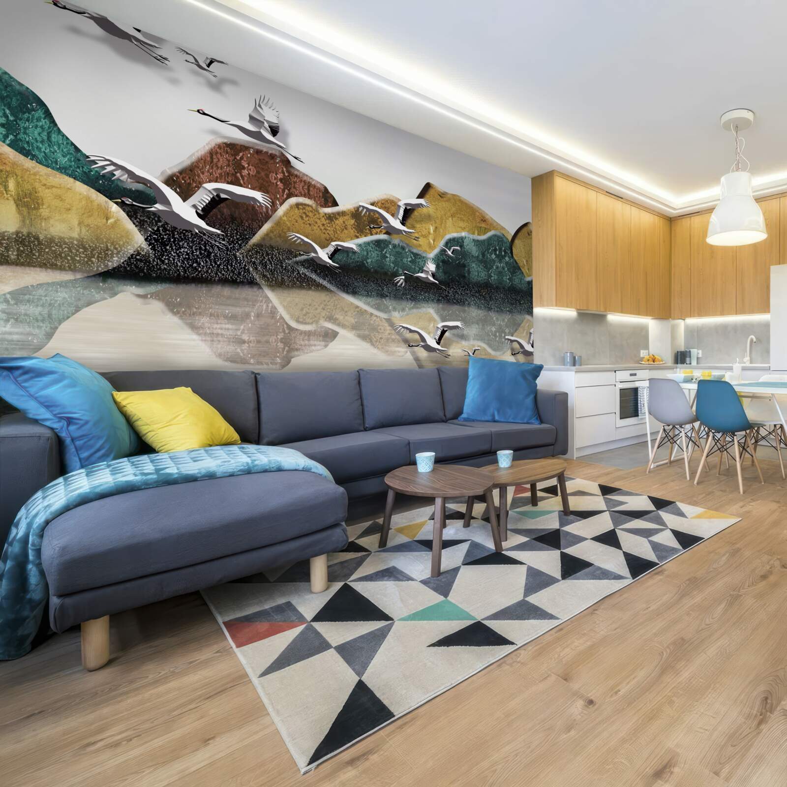 Fotobehang kalm meer in de bergen en vogels