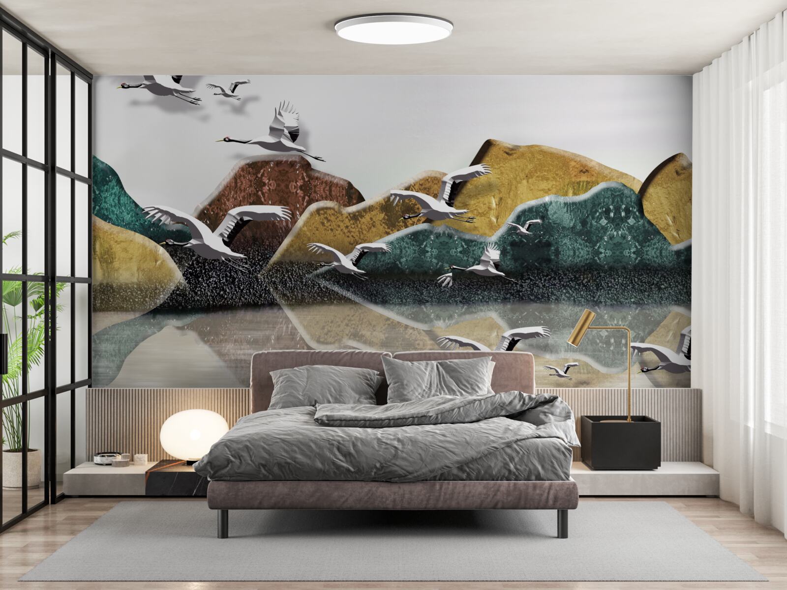 Fotobehang kalm meer in de bergen en vogels