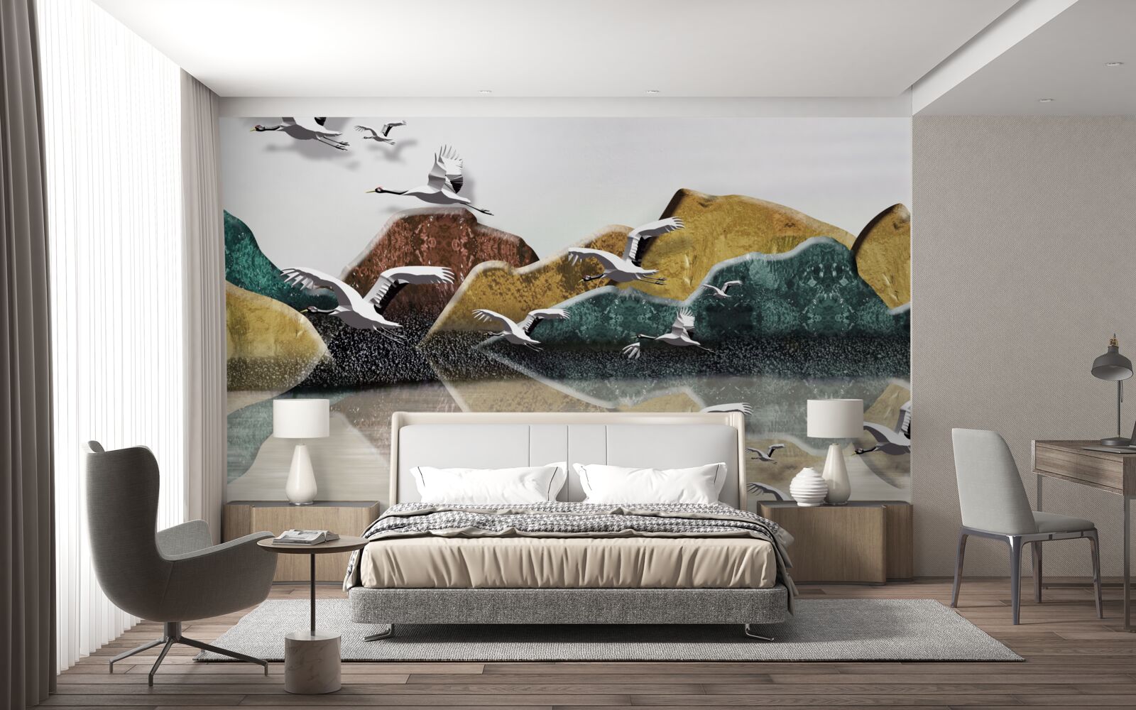 Fotobehang kalm meer in de bergen en vogels