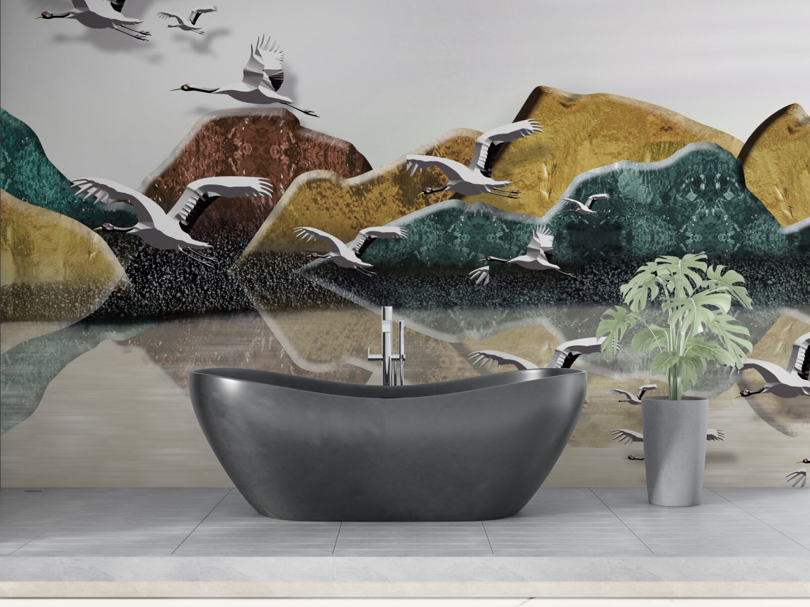 Fotobehang kalm meer in de bergen en vogels