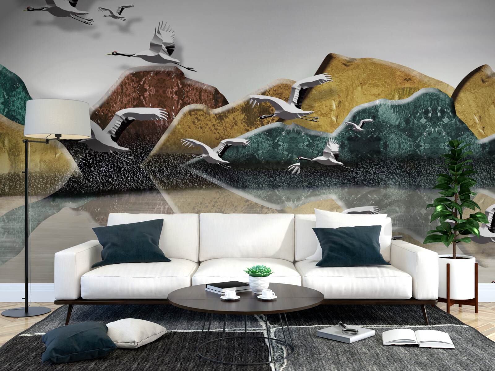 Fotobehang kalm meer in de bergen en vogels