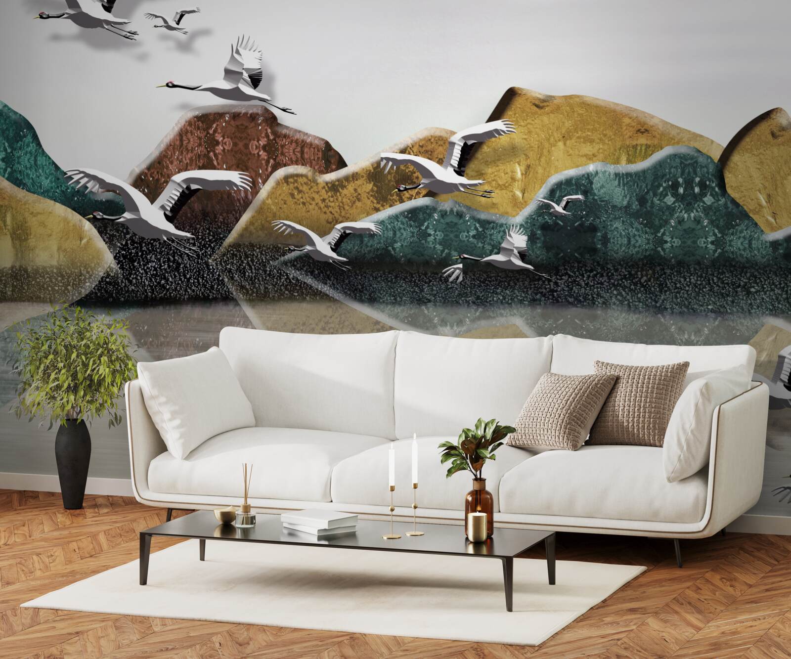 Fotobehang kalm meer in de bergen en vogels