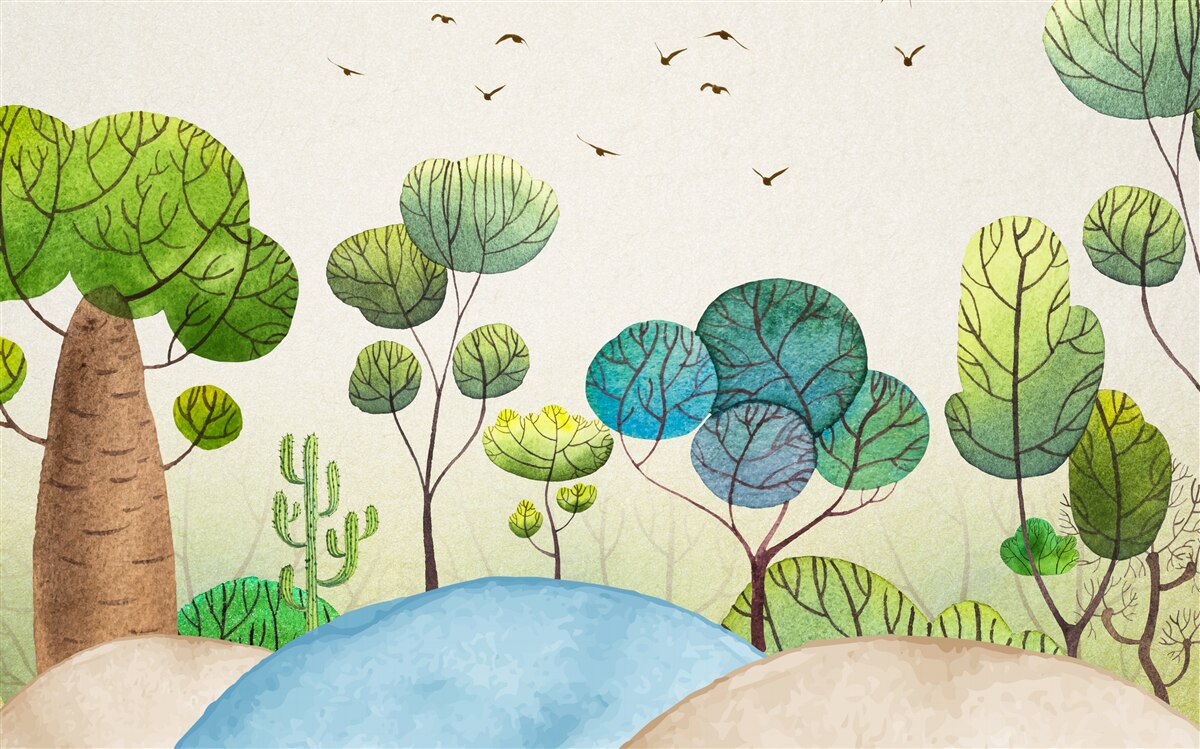 Fotobehang een bos bewoond door fantastische vogels