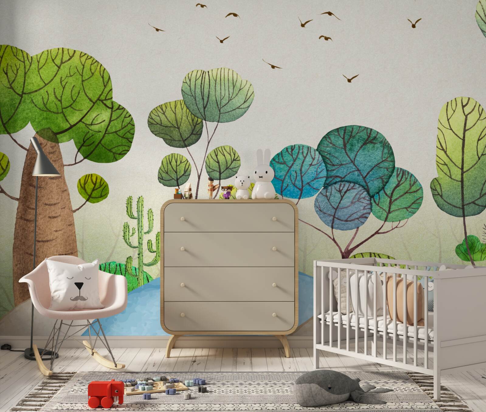 Fotobehang een bos bewoond door fantastische vogels