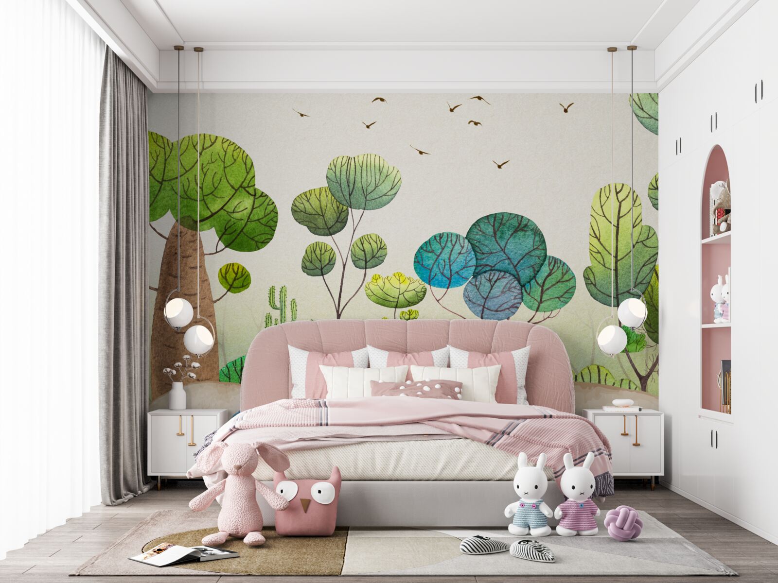 Fotobehang een bos bewoond door fantastische vogels