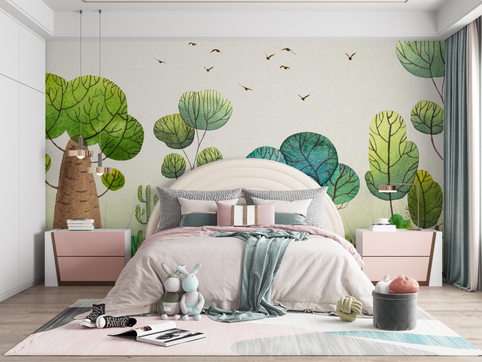 Fotobehang een bos bewoond door fantastische vogels