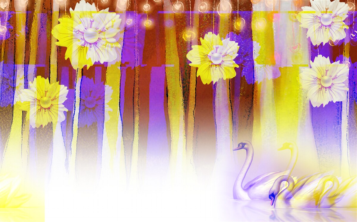 Fotobehang zwanenbloemen en zwanen drijvend op water