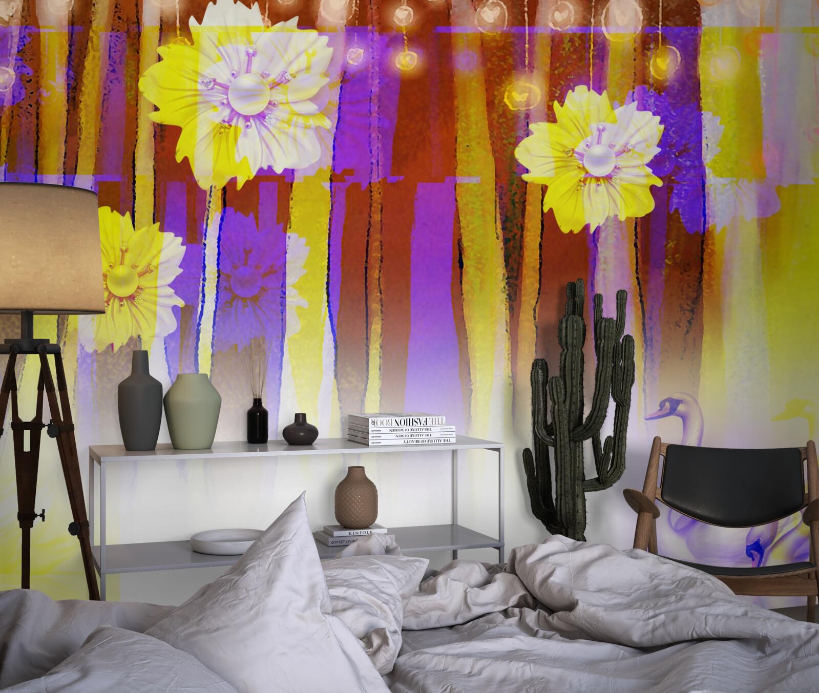 Fotobehang zwanenbloemen en zwanen drijvend op water