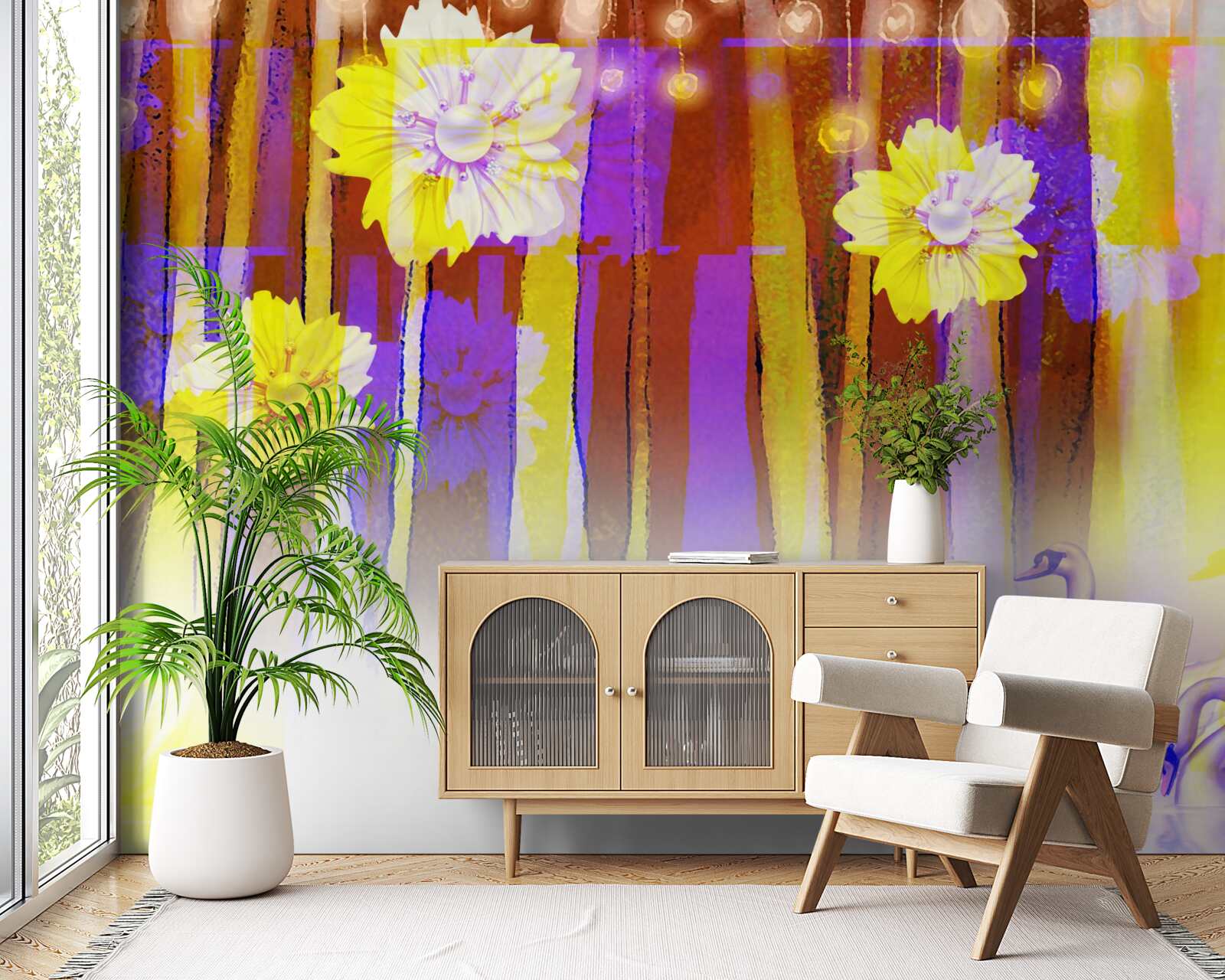 Fotobehang zwanenbloemen en zwanen drijvend op water