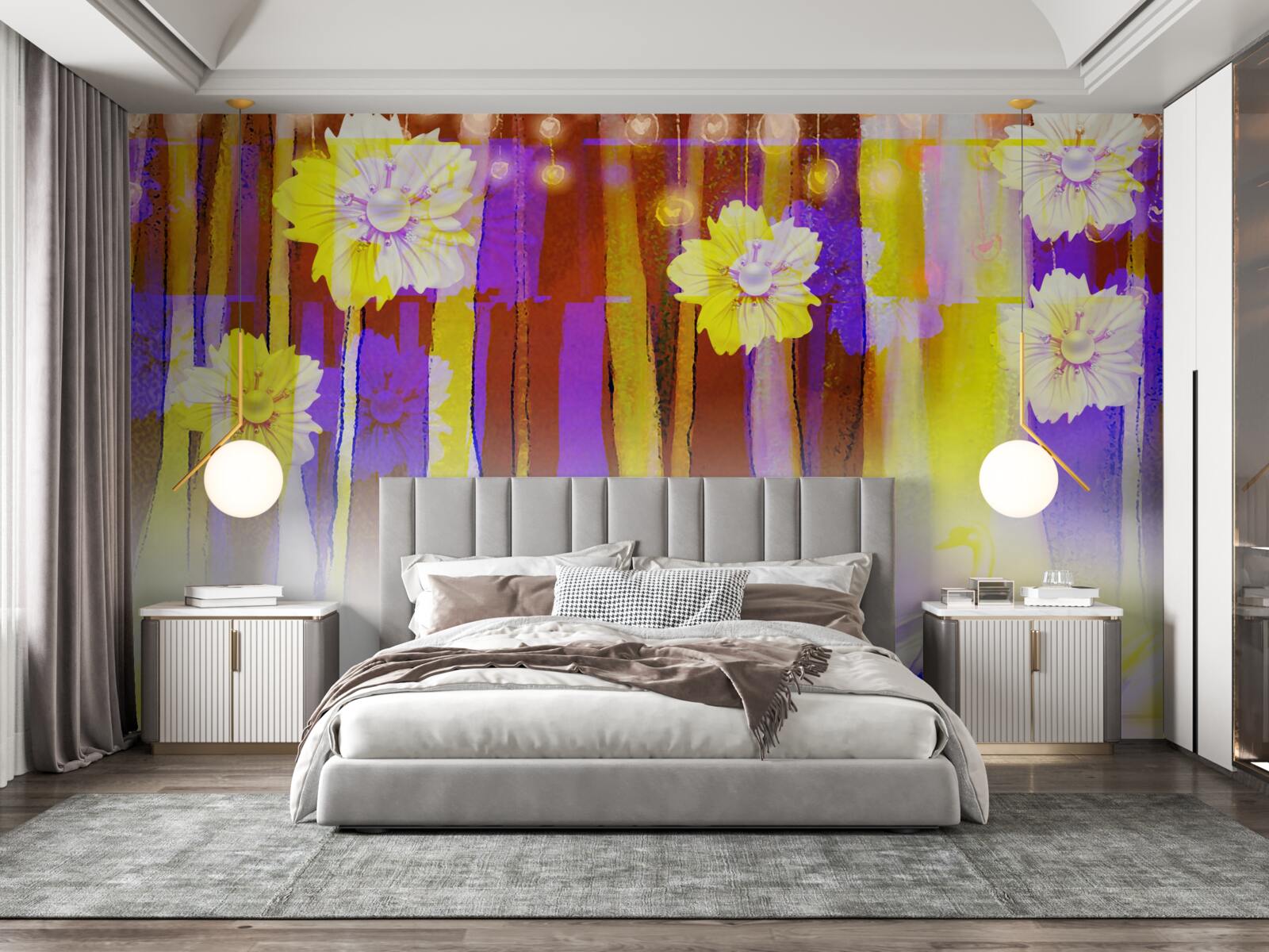 Fotobehang zwanenbloemen en zwanen drijvend op water