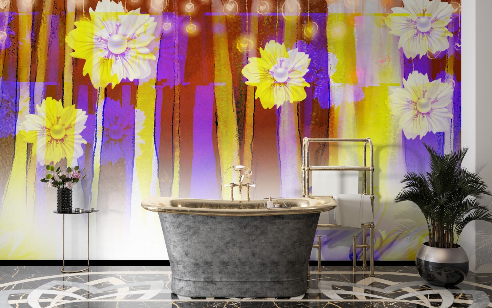 Fotobehang zwanenbloemen en zwanen drijvend op water