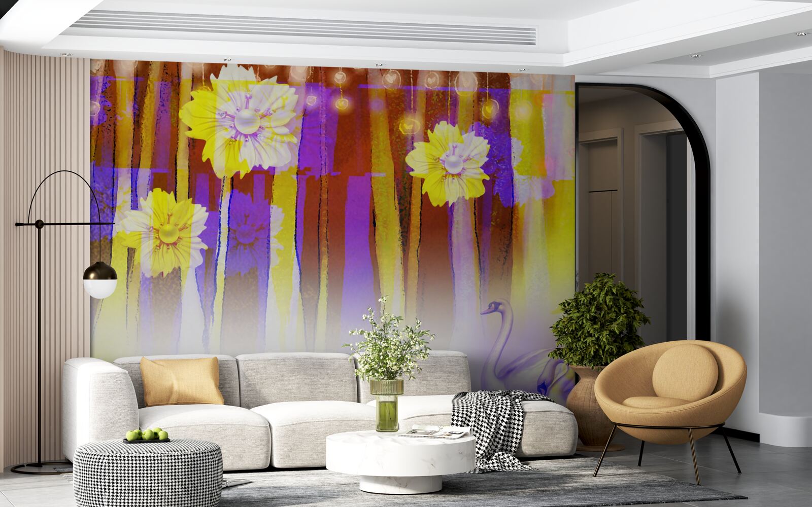 Fotobehang zwanenbloemen en zwanen drijvend op water