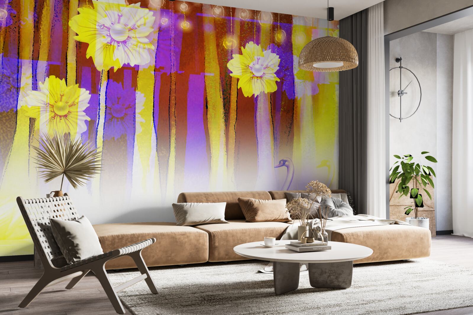 Fotobehang zwanenbloemen en zwanen drijvend op water