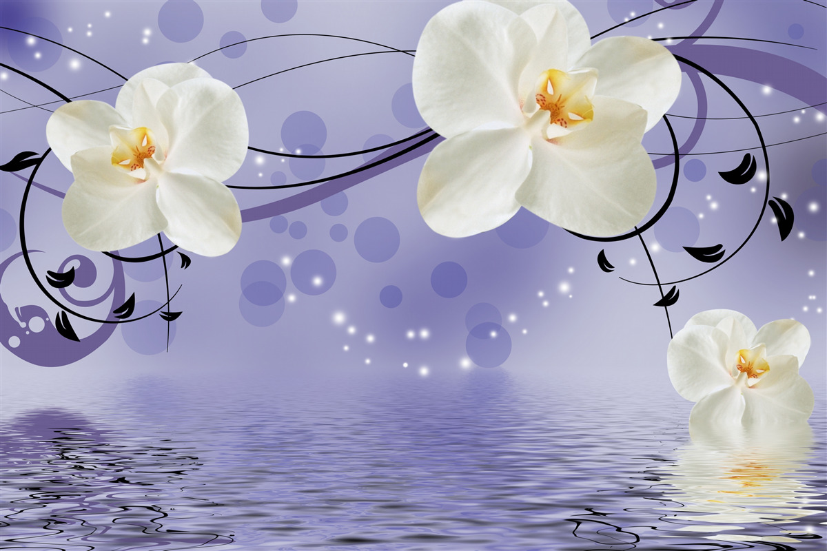 Fotobehang er zijn grote sneeuwwitte bloemen bij de vijver