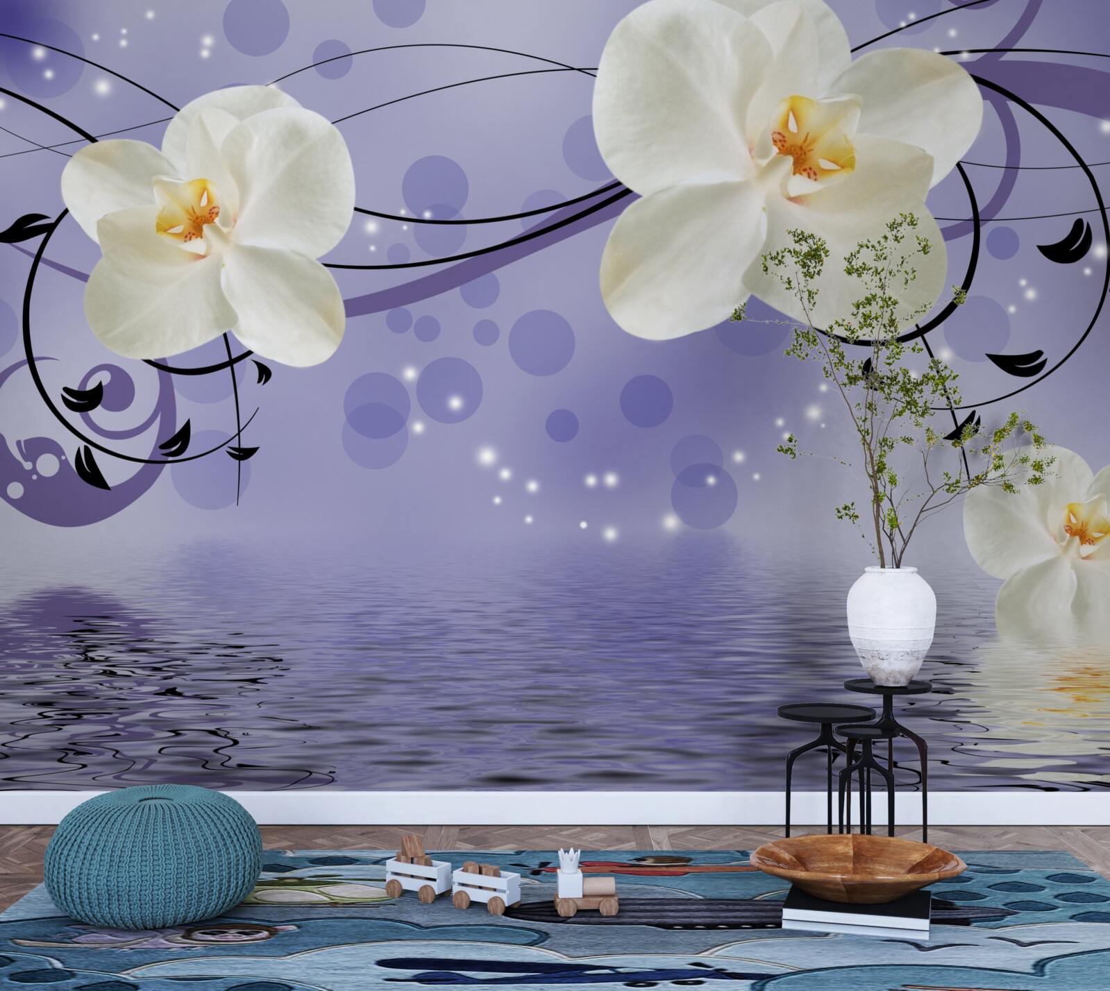 Fotobehang er zijn grote sneeuwwitte bloemen bij de vijver