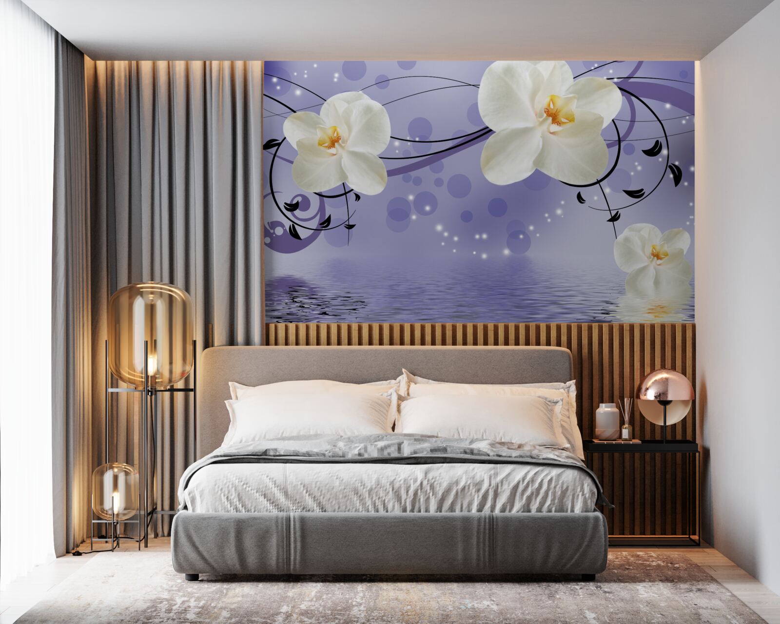 Fotobehang er zijn grote sneeuwwitte bloemen bij de vijver