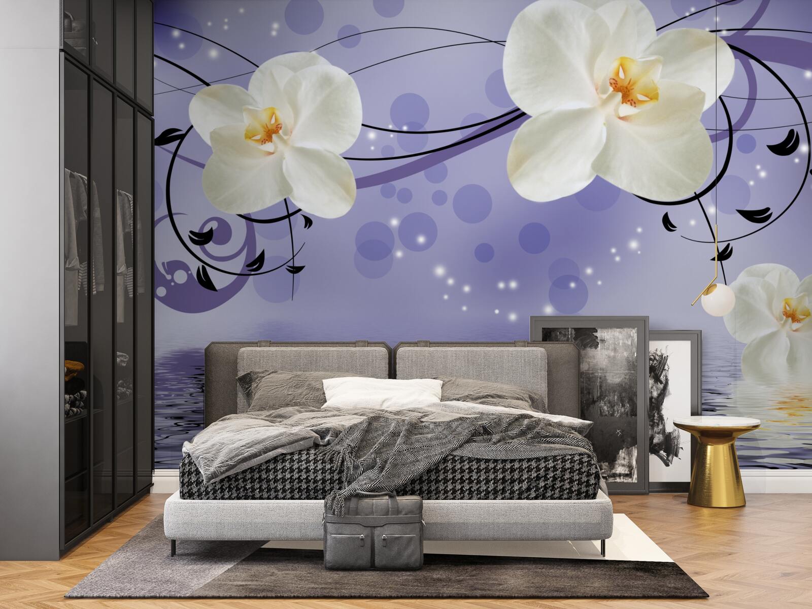 Fotobehang er zijn grote sneeuwwitte bloemen bij de vijver