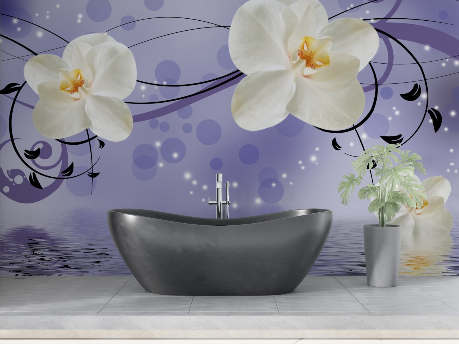 Fotobehang er zijn grote sneeuwwitte bloemen bij de vijver