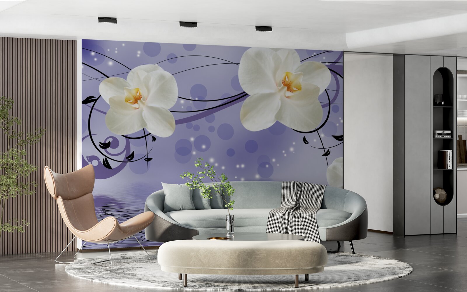 Fotobehang er zijn grote sneeuwwitte bloemen bij de vijver