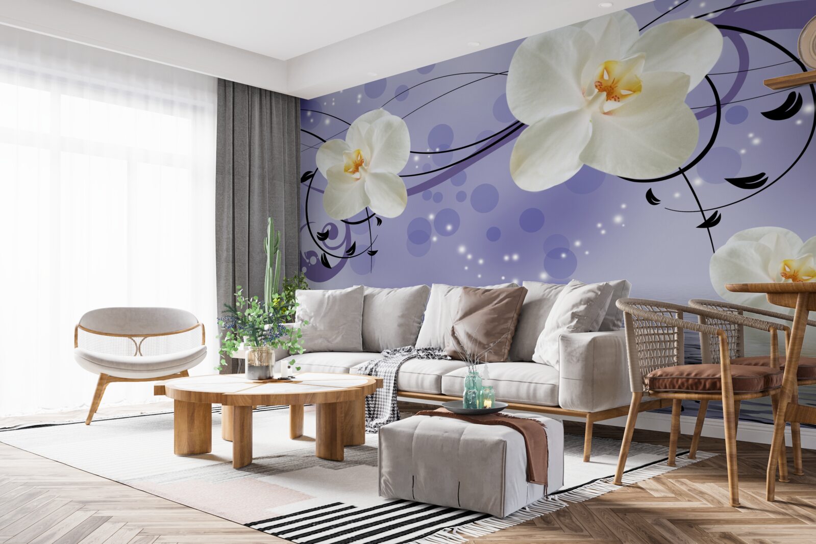 Fotobehang er zijn grote sneeuwwitte bloemen bij de vijver