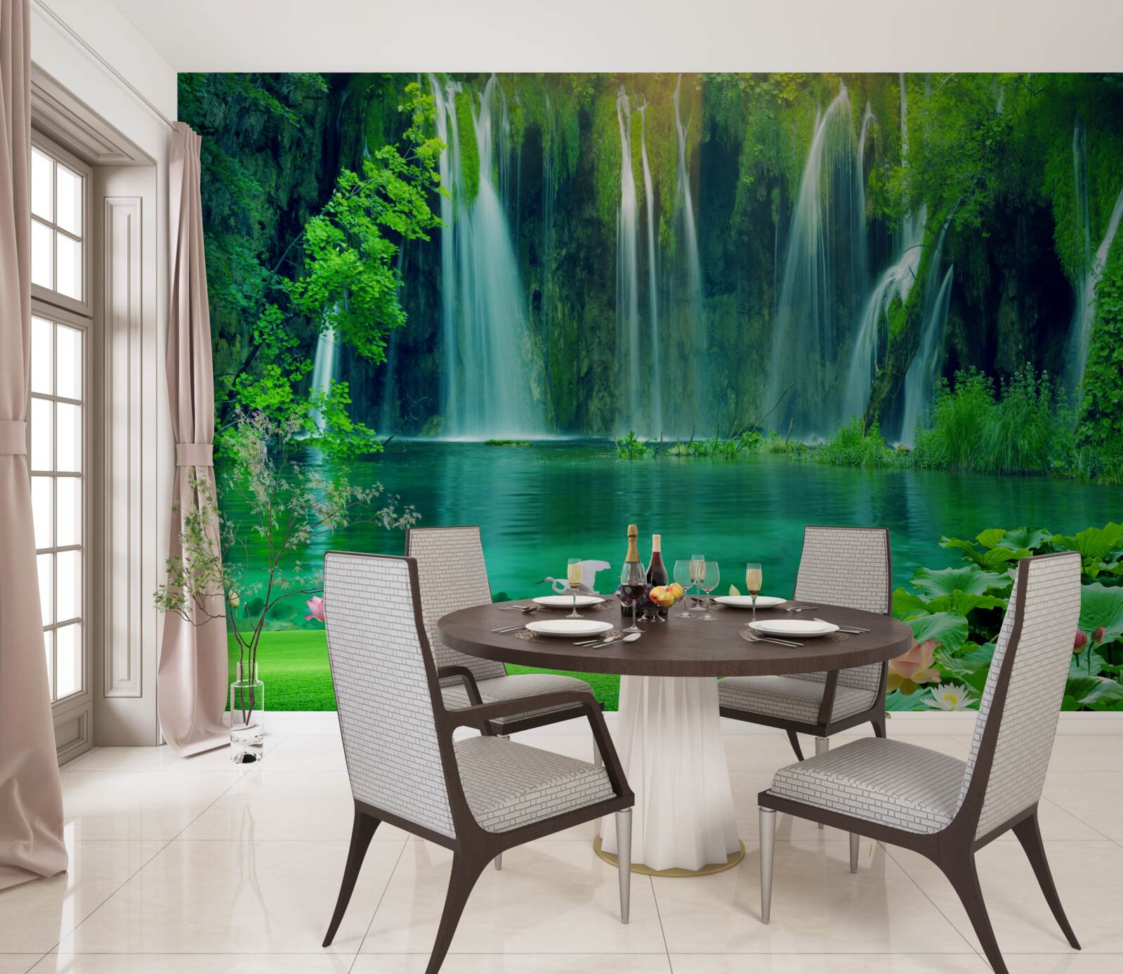 Fotobehang watervallen die in een kristalhelder meer vallen