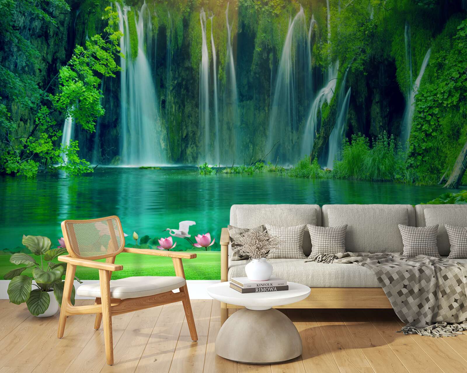 Fotobehang watervallen die in een kristalhelder meer vallen