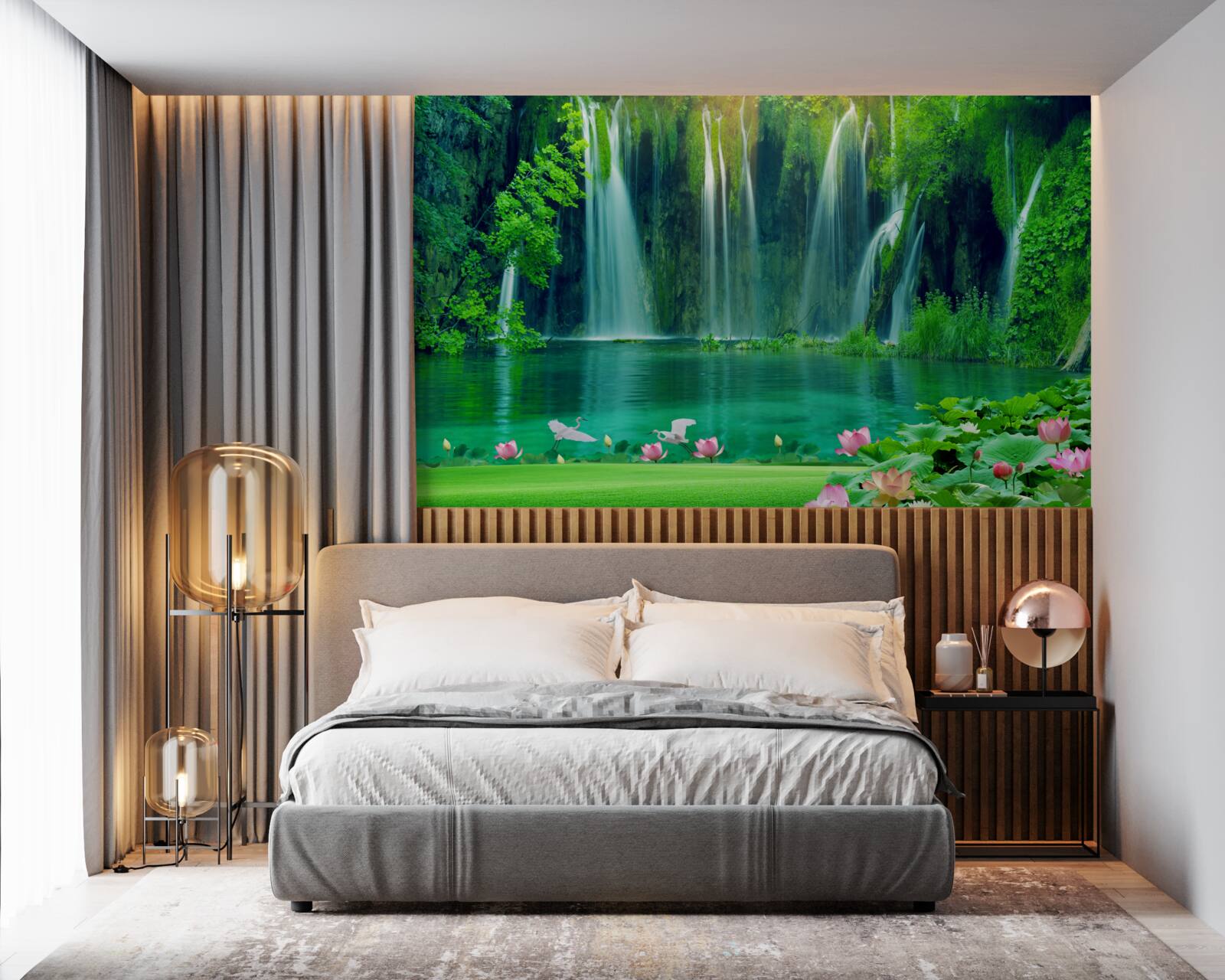 Fotobehang watervallen die in een kristalhelder meer vallen