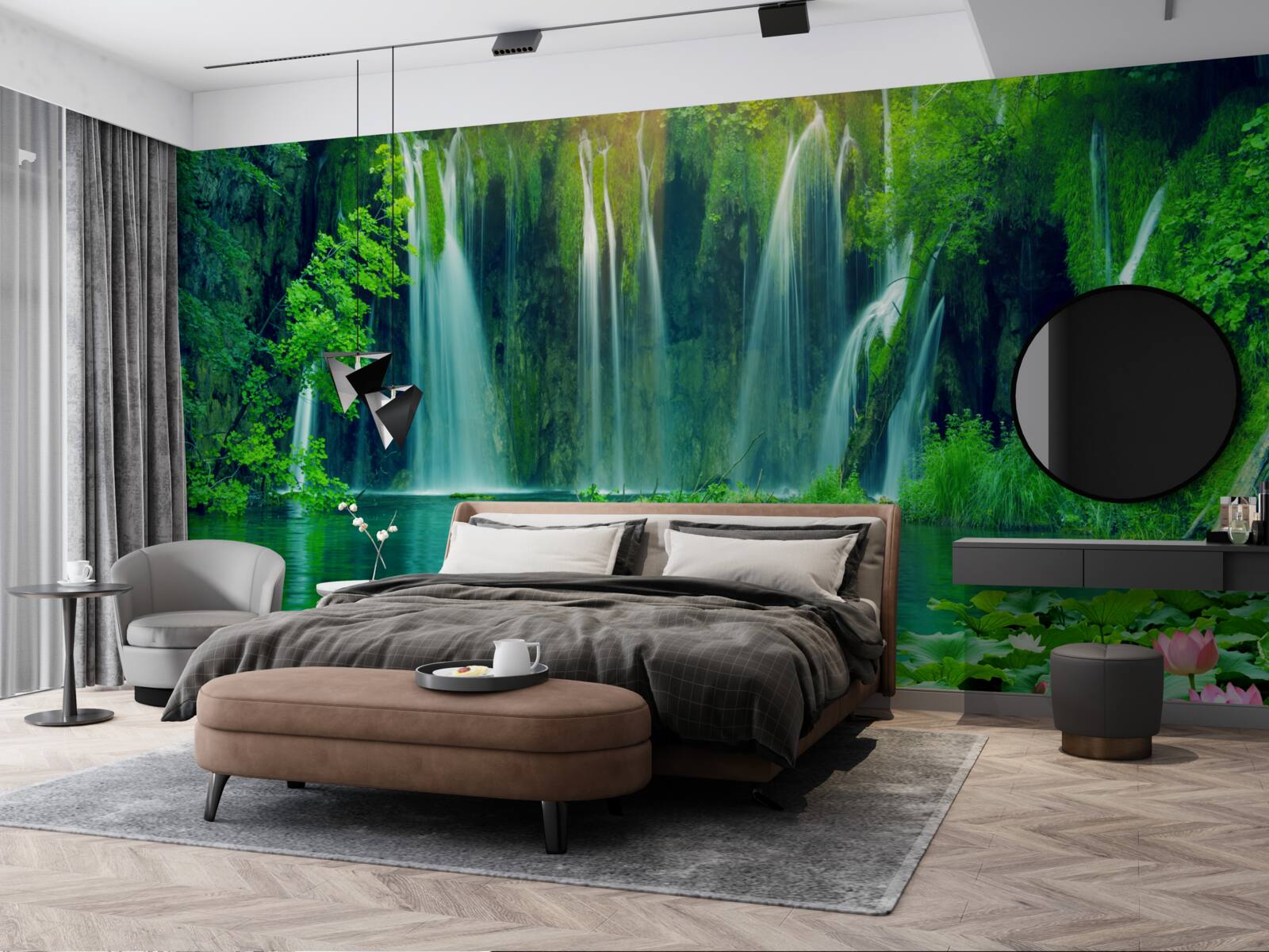 Fotobehang watervallen die in een kristalhelder meer vallen