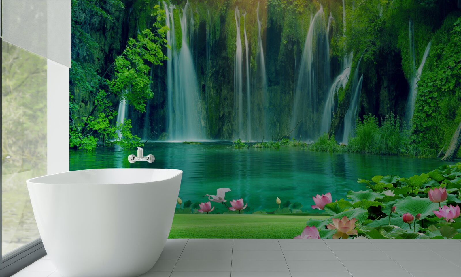 Fotobehang watervallen die in een kristalhelder meer vallen