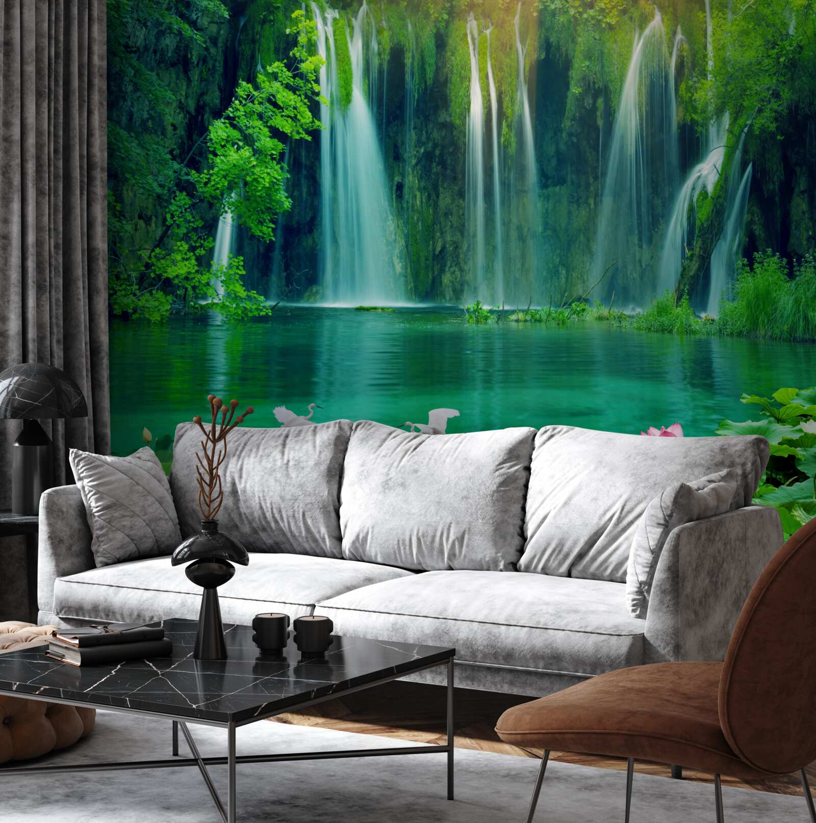 Fotobehang watervallen die in een kristalhelder meer vallen