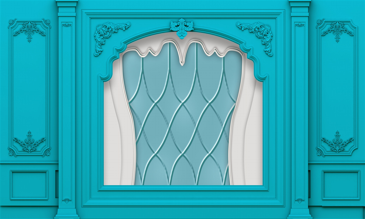 Fotobehang raam met blauw glas in lood