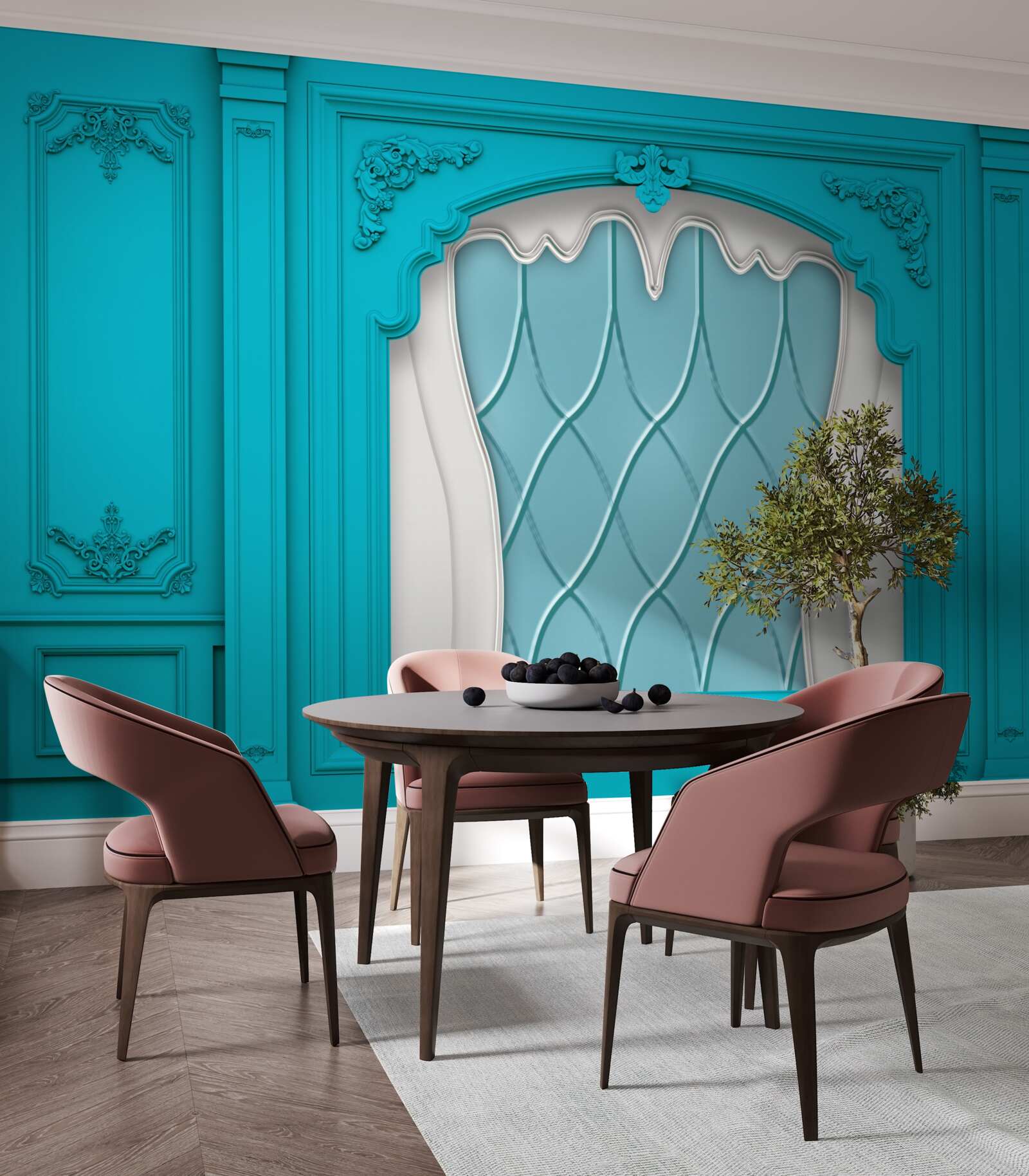 Fotobehang raam met blauw glas in lood