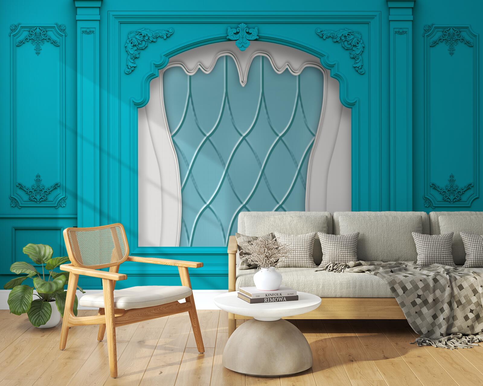 Fotobehang raam met blauw glas in lood