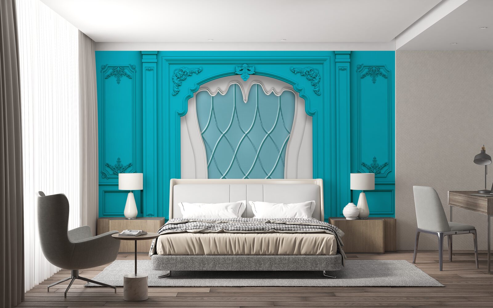 Fotobehang raam met blauw glas in lood