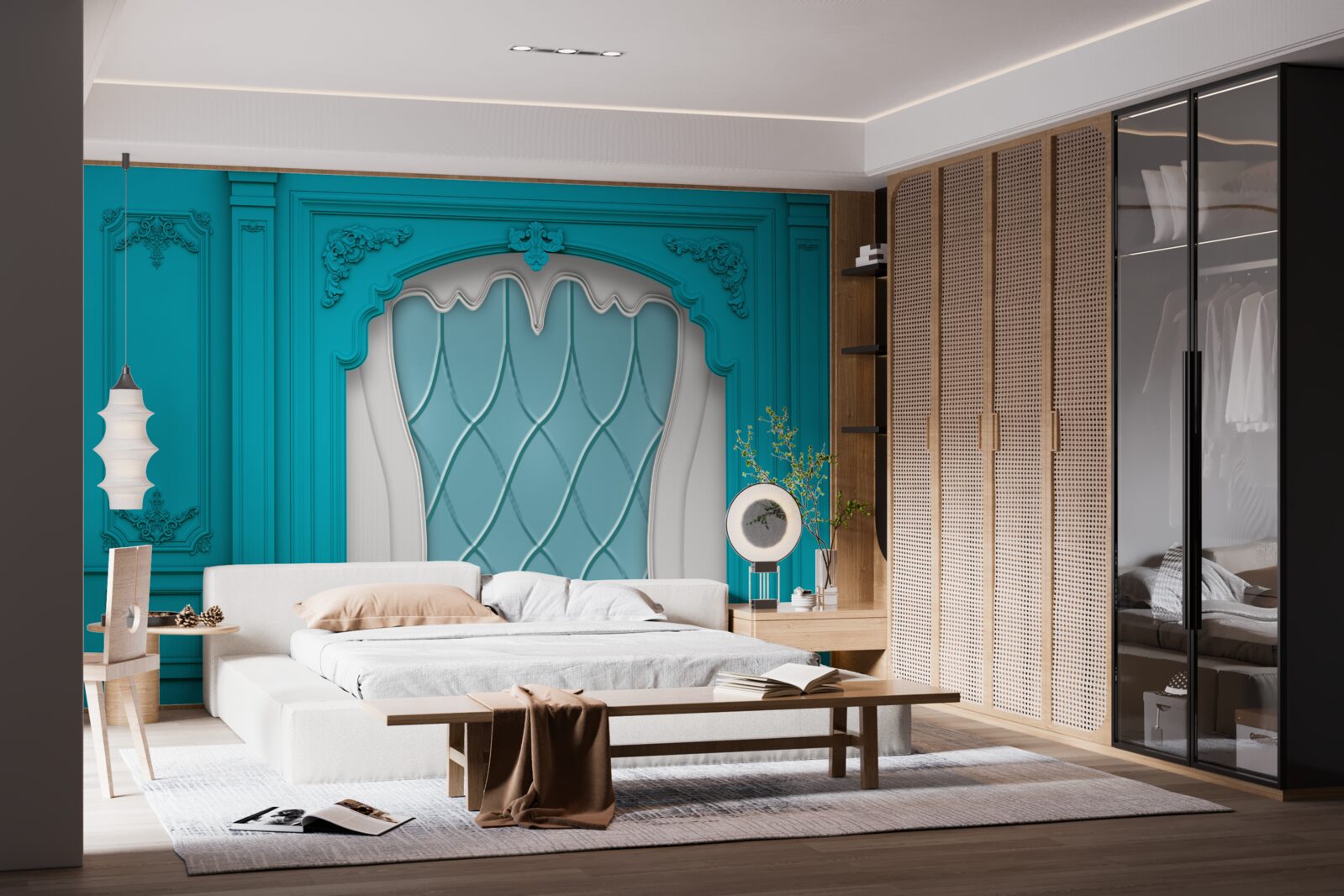 Fotobehang raam met blauw glas in lood