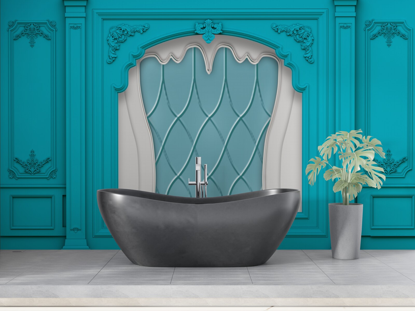 Fotobehang raam met blauw glas in lood