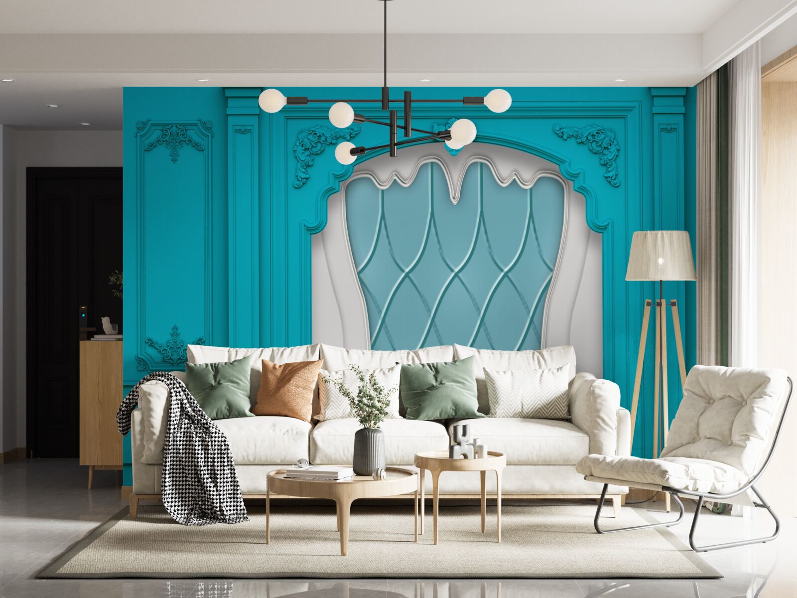 Fotobehang raam met blauw glas in lood