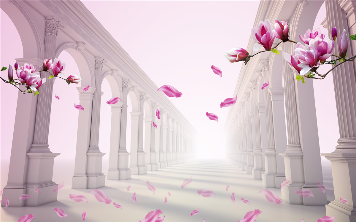 Fotobehang magnolia's vormen een eindeloze tunnel, bloeiend van pracht