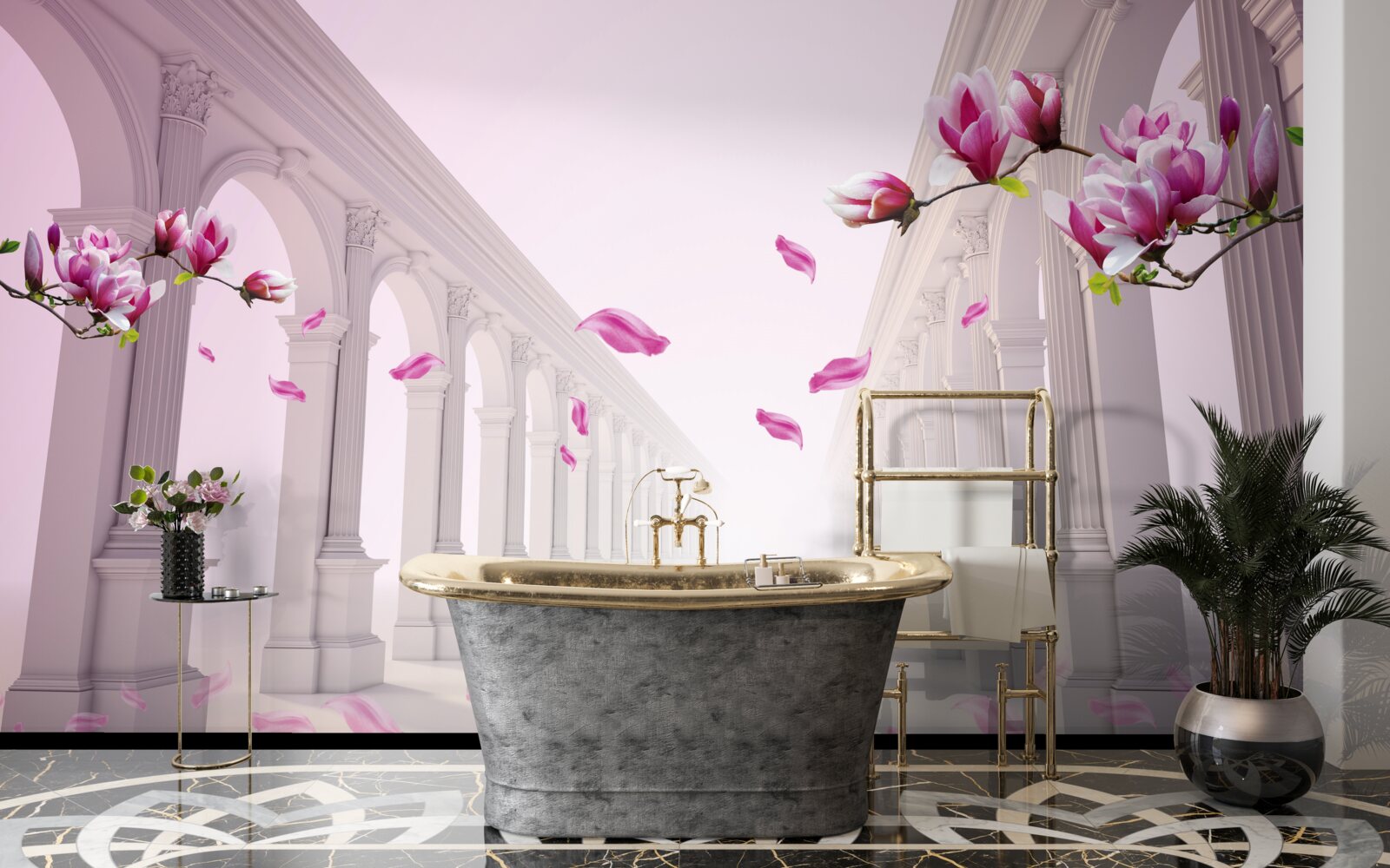 Fotobehang magnolia's vormen een eindeloze tunnel, bloeiend van pracht