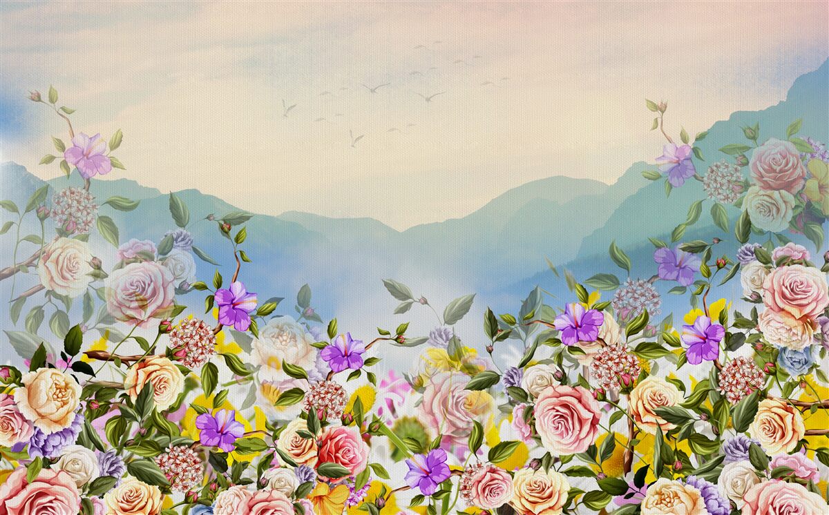 Fotobehang verschillende bloeiende tinten op het gazon