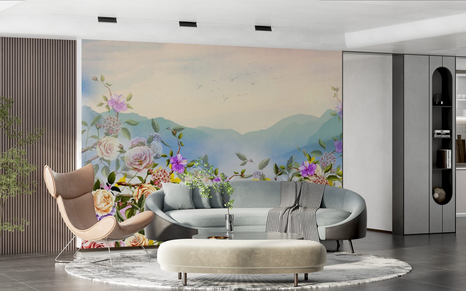 Fotobehang verschillende bloeiende tinten op het gazon