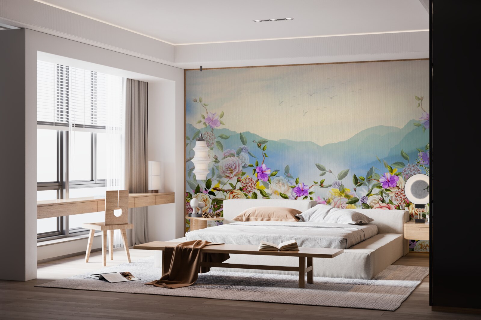 Fotobehang verschillende bloeiende tinten op het gazon