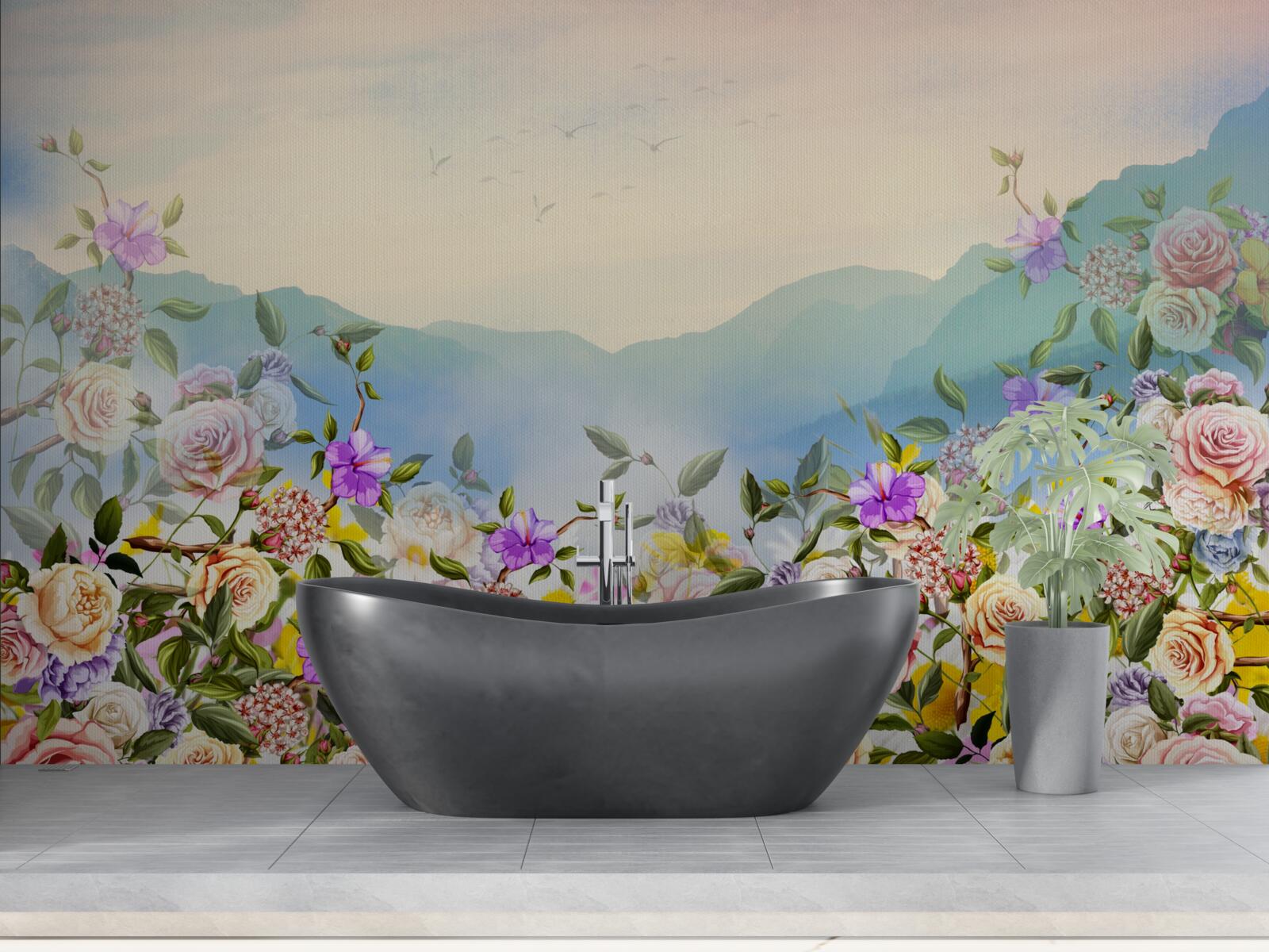 Fotobehang verschillende bloeiende tinten op het gazon