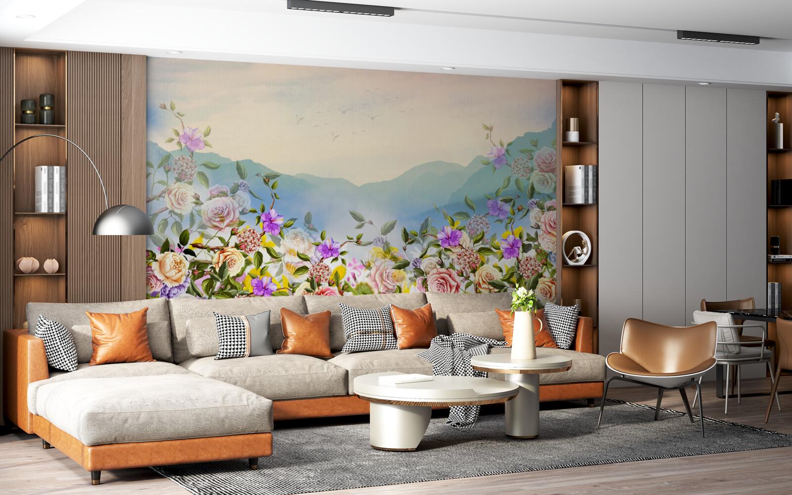 Fotobehang verschillende bloeiende tinten op het gazon