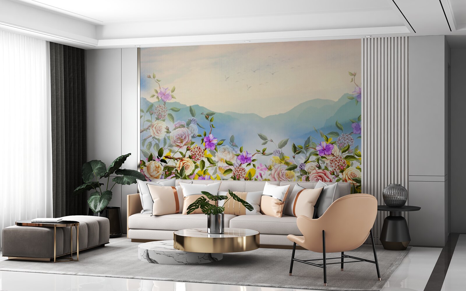 Fotobehang verschillende bloeiende tinten op het gazon