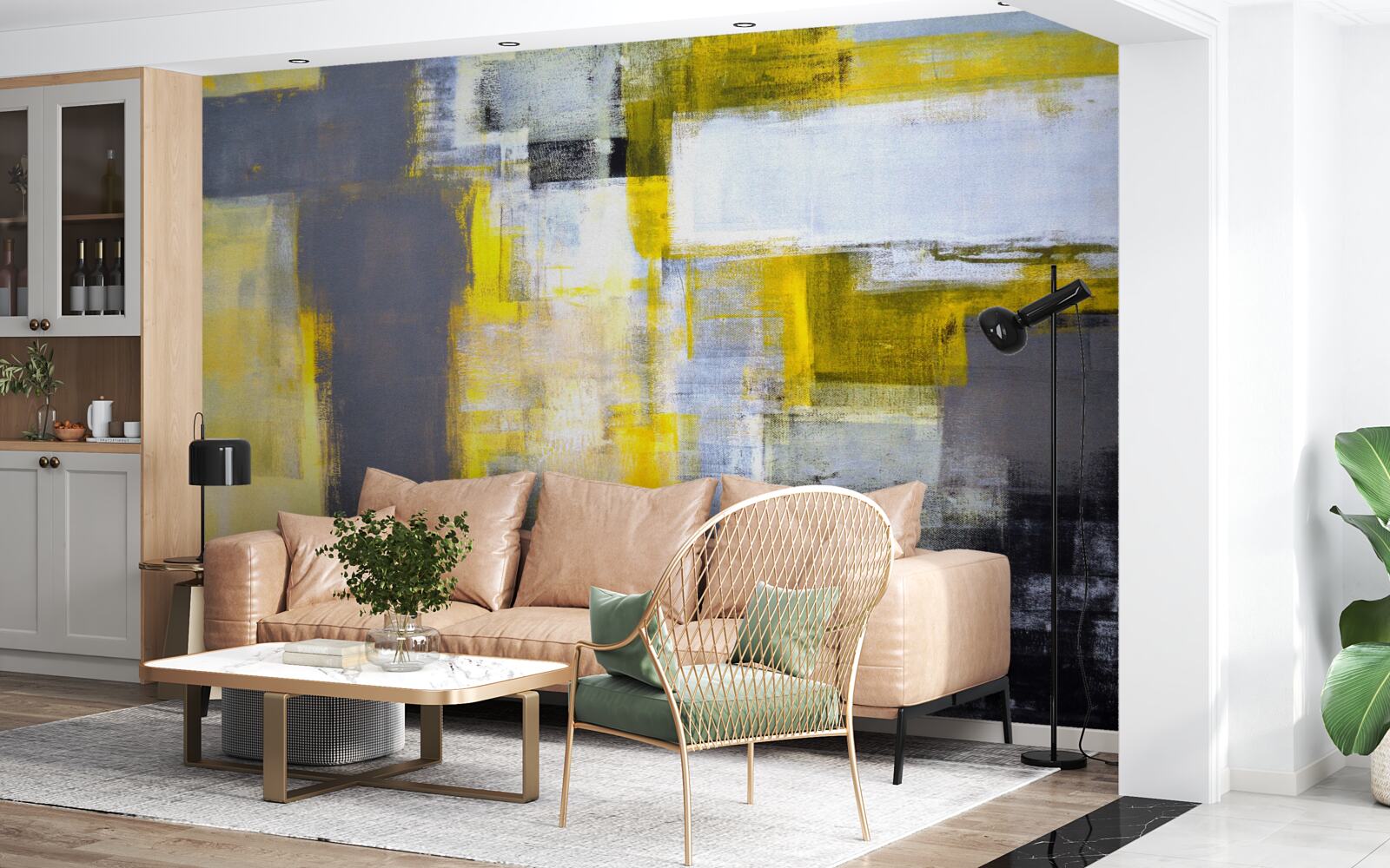 Fotobehang abstract schilderij in gele en grijze tinten, gemaakt met verf