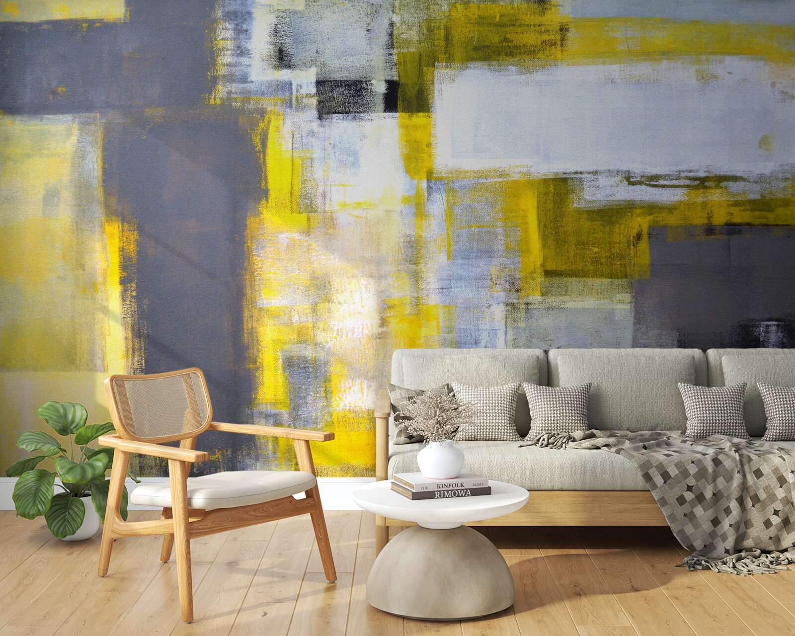 Fotobehang abstract schilderij in gele en grijze tinten, gemaakt met verf