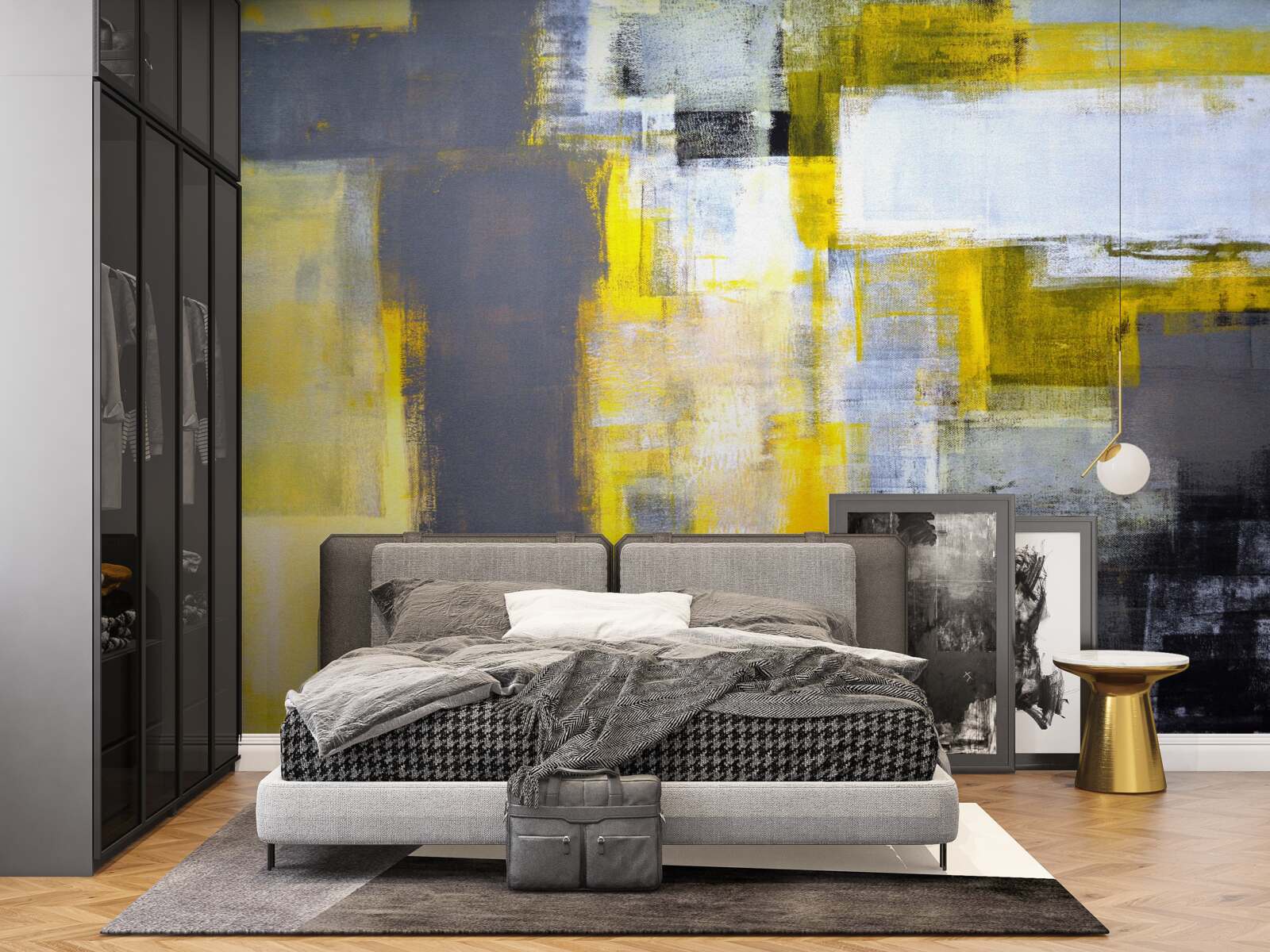 Fotobehang abstract schilderij in gele en grijze tinten, gemaakt met verf